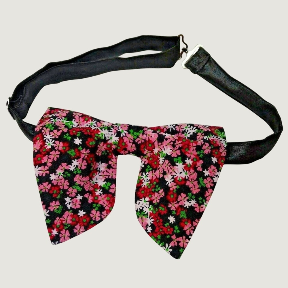 Vintage Floppy Bow Tie Pink Red Ditsy Floral Oversized Adjustable Butterfly Tie